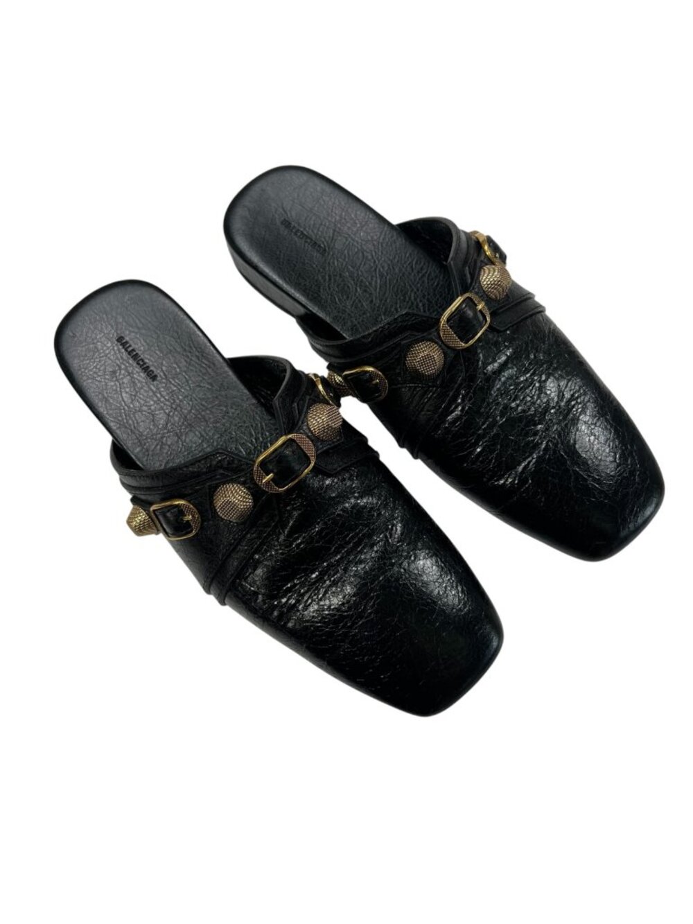 Balenciaga Cagole Black Leather Mules Gold Buckle Detailing Size 38.5 8.5 US